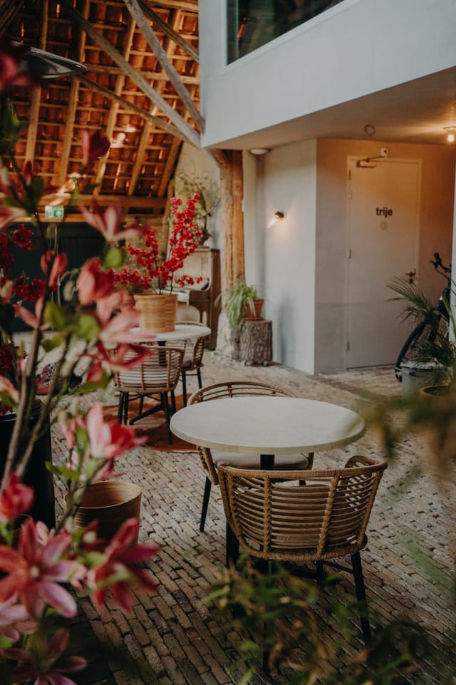 Sfeervol interieur van de locatie — rieten stoelen en bloemen